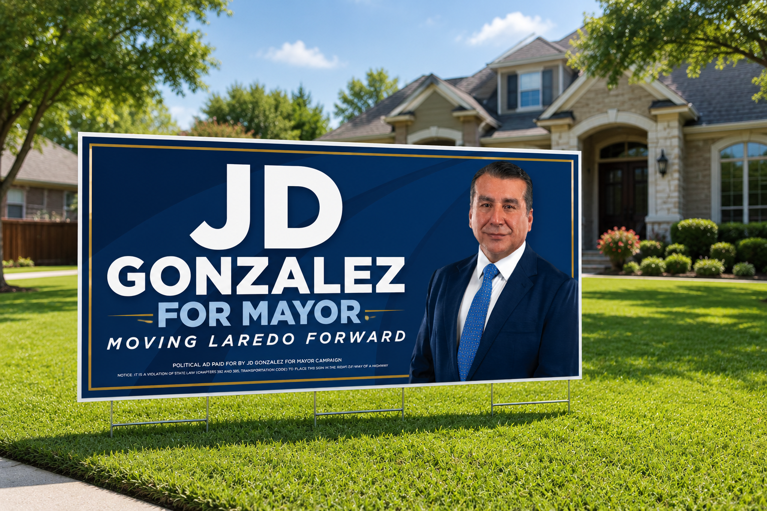 JD Gonzalez for Mayor yard sign in a Laredo front yard