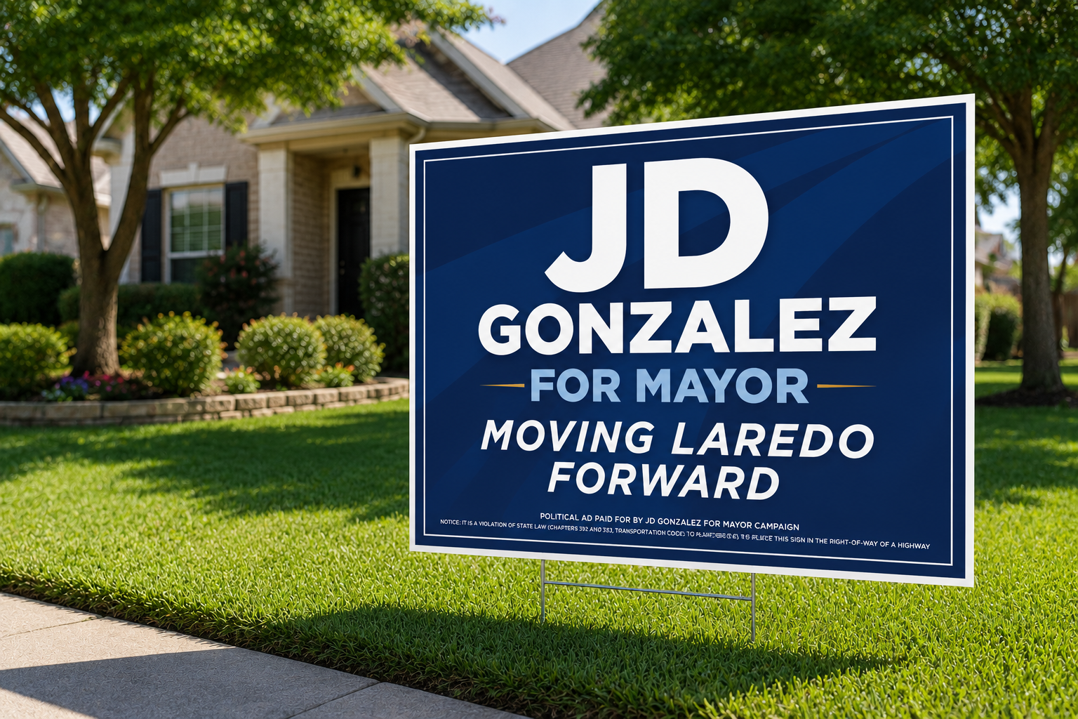 JD Gonzalez for Mayor yard sign displayed in a Laredo neighborhood